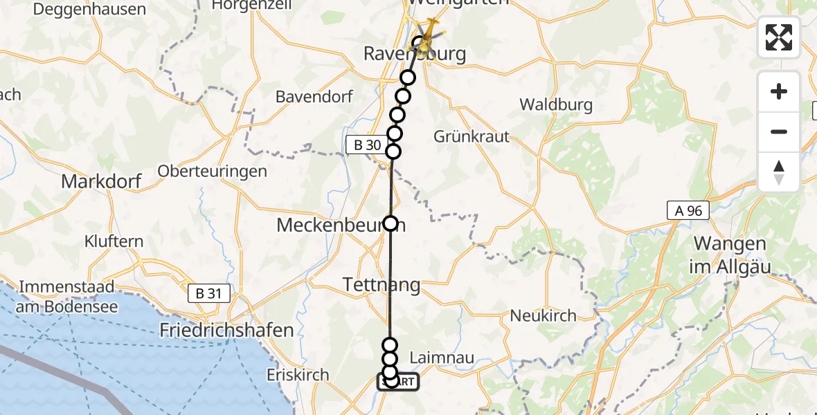 Flugroute Rettungshubschrauber Kressbronn am Bodensee - Sankt Elisabeth Hospital Heliport, 26 Februar 2026, 14:19