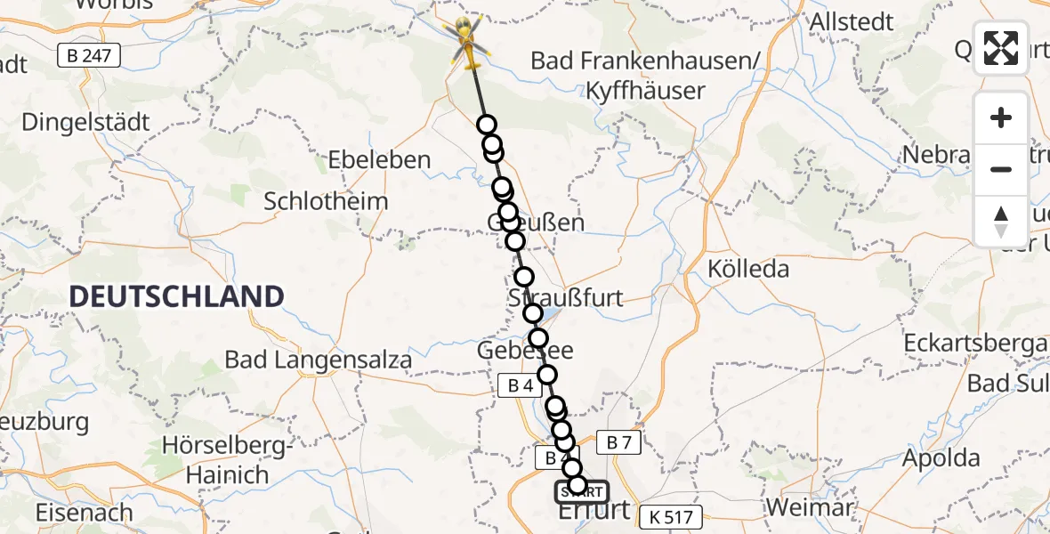 Flugroute Rettungshubschrauber Helios Clinic Erfurt Heliport - Sondershausen, 26 Februar 2026, 14:27