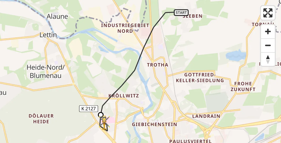 Flugroute Ambulanzhubschrauber Halle (Saale) - Halle (Saale) University Hospital Heliport, 26 Februar 2026, 14:28