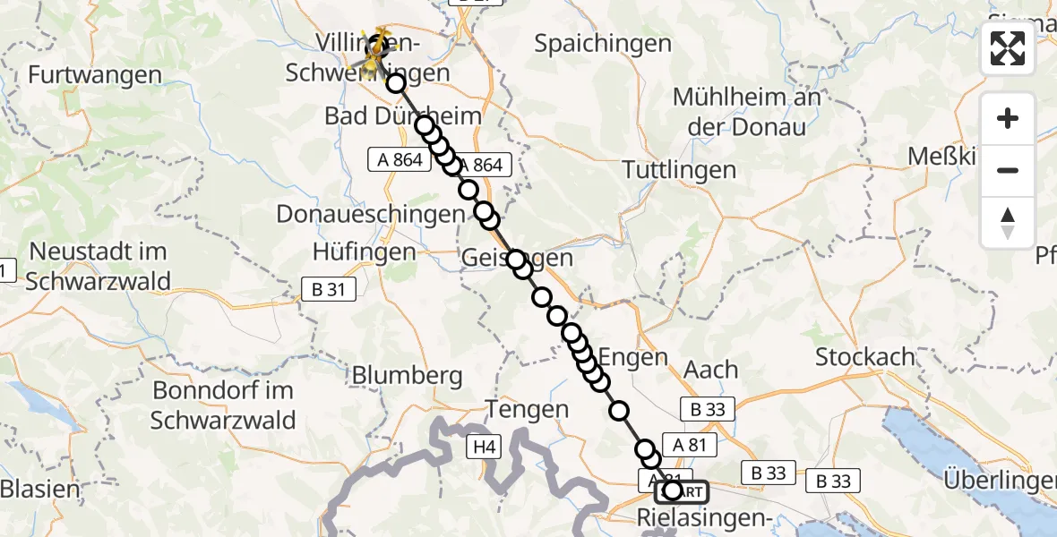 Flugroute Rettungshubschrauber Singen (Hohentwiel) - DRF Air Rescue Station Villingen-Schwenningen Heliport (Christoph 11), 26 Februar 2026, 14:32