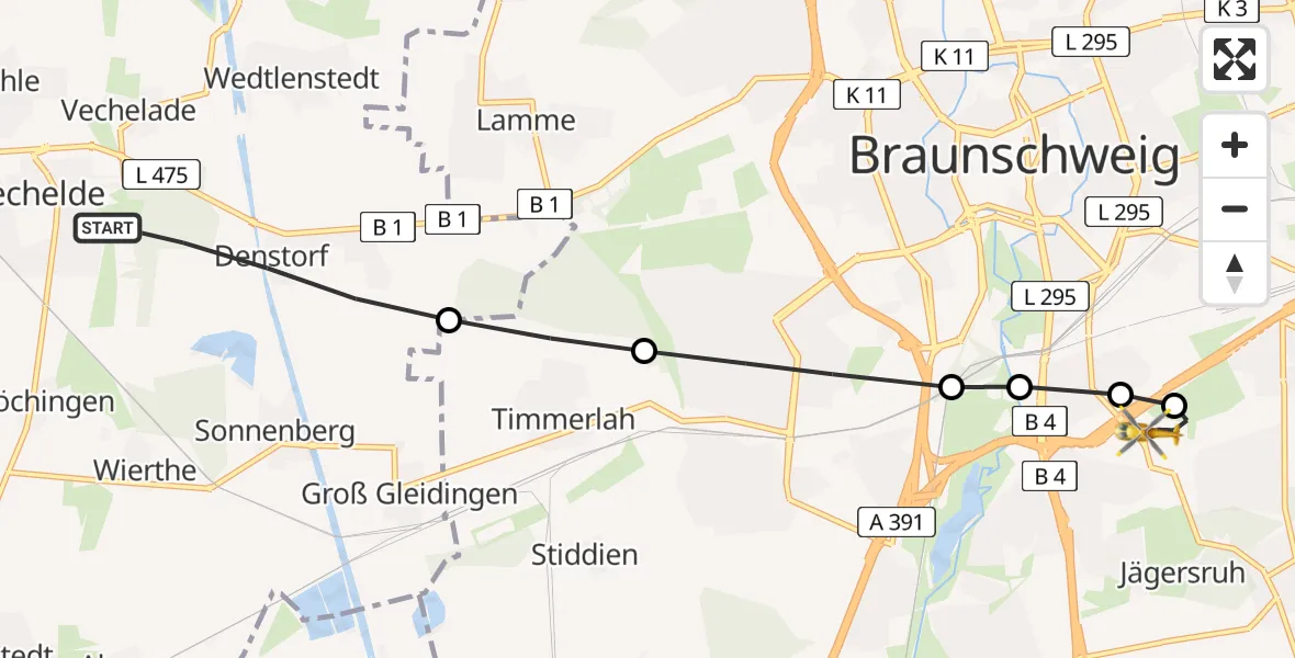 Flugroute Rettungshubschrauber Vechelde - Südstadt-Rautheim-Mascherode, 26 Februar 2026, 14:38