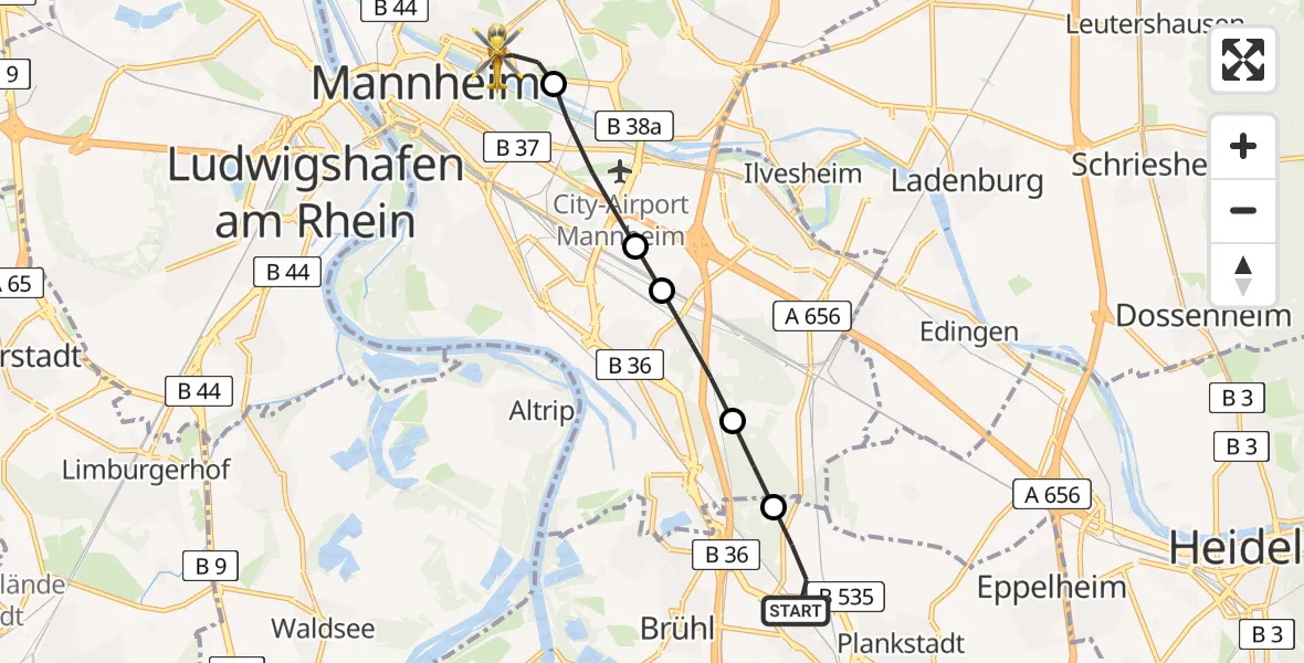 Flugroute Rettungshubschrauber Schwetzingen - Neckarstadt-Ost/Wohlgelegen, 26 Februar 2026, 14:39