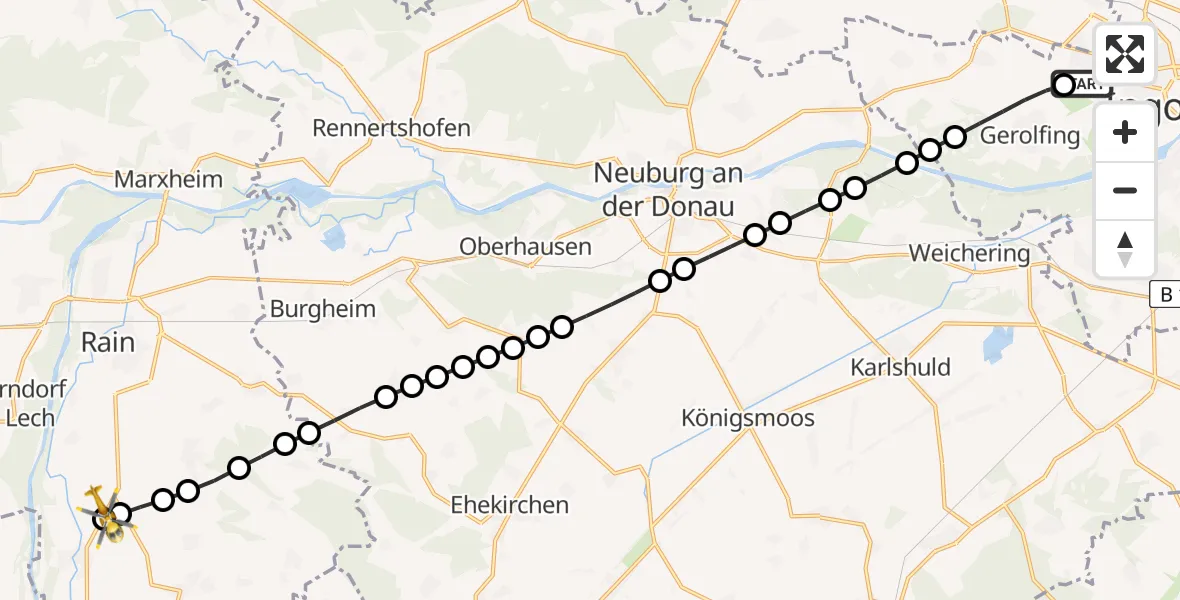 Flugroute Rettungshubschrauber Ingolstadt Hospital Heliport - Münster, 26 Februar 2026, 14:40