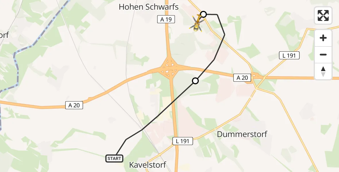 Flugroute Ambulanzhubschrauber Kavelstorf - Hohen Schwarfs, 26 Februar 2026, 14:42