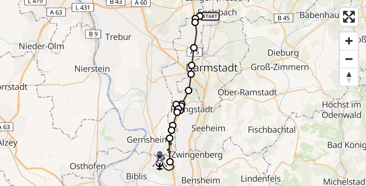Flugroute Polizeihubschrauber Frankfurt-Egelsbach Airport - Groß-Rohrheim, 26 Februar 2026, 14:43