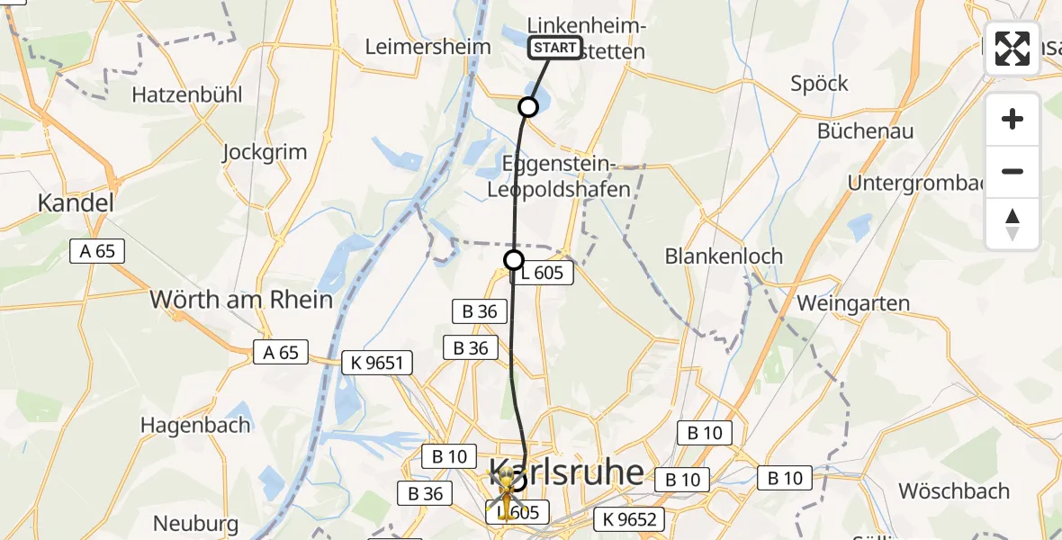 Flugroute Rettungshubschrauber Linkenheim-Hochstetten - Sankt Vincentius Hospital Heliport, 26 Februar 2026, 14:51