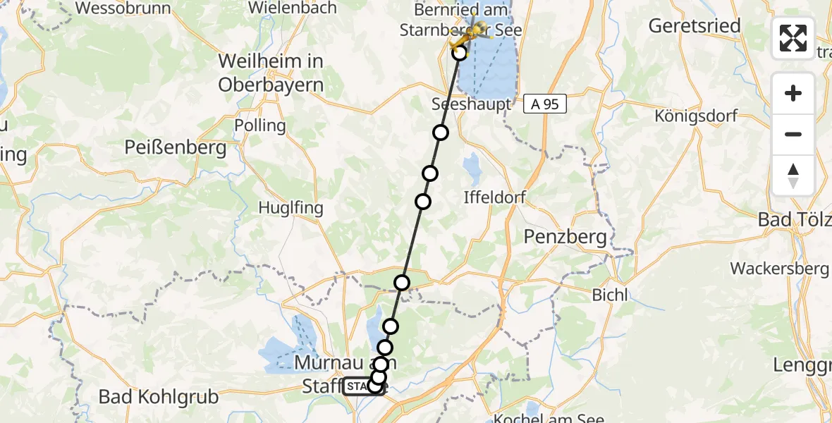 Flugroute Rettungshubschrauber Murnau Accident Hospital Heliport - Bernried am Starnberger See, 26 Februar 2026, 14:58