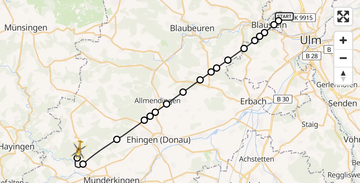 Flugroute Rettungshubschrauber ADAC Air Rescue Station Ulm (Christoph 22) - Mundingen, 26 Februar 2026, 14:58