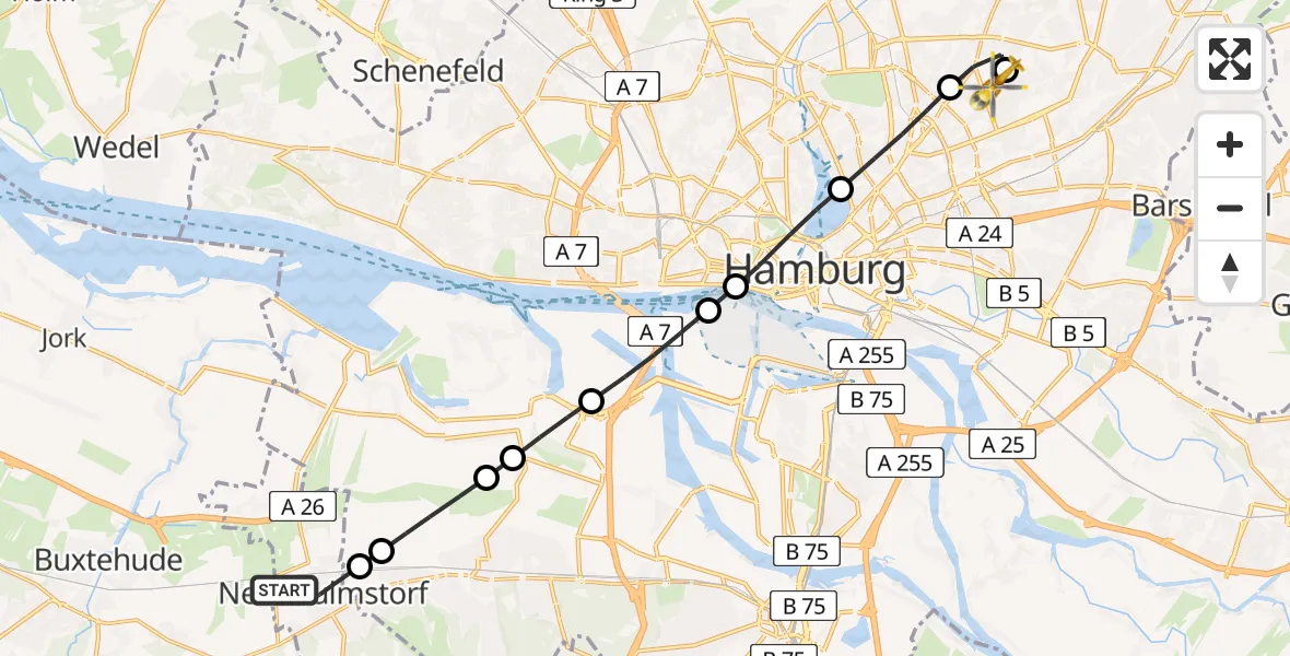 Routekaart van de vlucht: Rettungshubschrauber nach Hamburg Military Hospital Helipad
