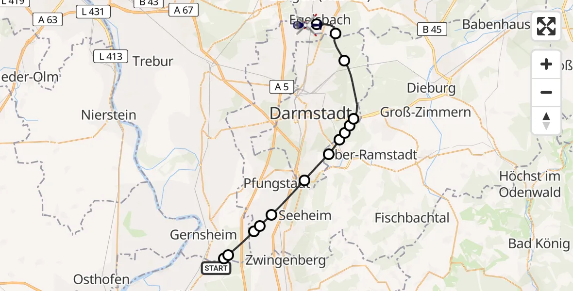 Flugroute Polizeihubschrauber Groß-Rohrheim - Frankfurt-Egelsbach Airport, 26 Februar 2026, 15:09