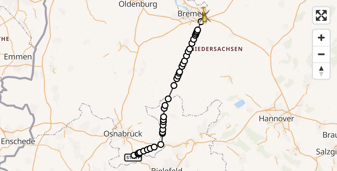 Flugroute Ambulanzhubschrauber Bad Rothenfelde - Bremen-Ost, 26 Februar 2026, 15:10