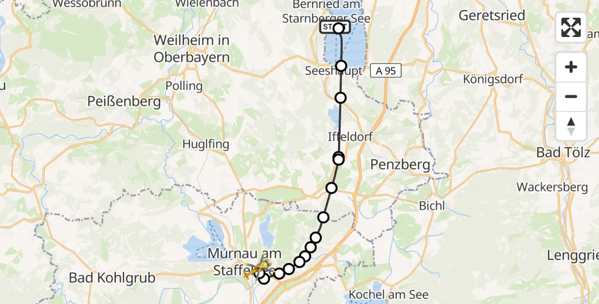 Flugroute Rettungshubschrauber Bernried am Starnberger See - Murnau Accident Hospital Heliport, 26 Februar 2026, 15:23