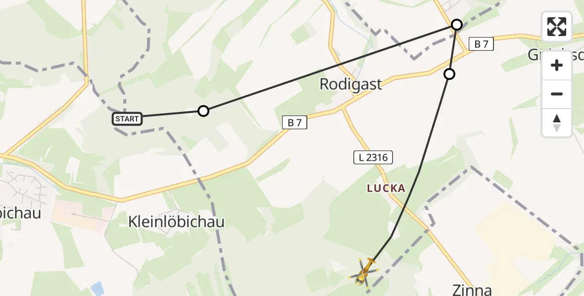 Flugroute Rettungshubschrauber Kleinlöbichau - Zinna, 26 Februar 2026, 15:27