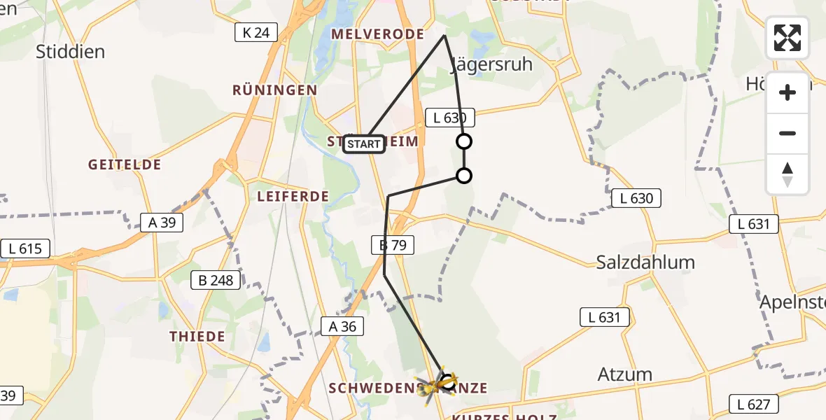 Flugroute Rettungshubschrauber Braunschweig-Süd - Wolfenbüttel Municipal Hospital Heliport (Christoph 30), 26 Februar 2026, 15:29
