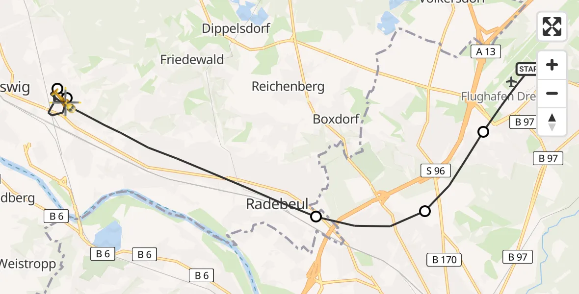 Flugroute Rettungshubschrauber Dresden Airport - Radebeul, 26 Februar 2026, 15:49