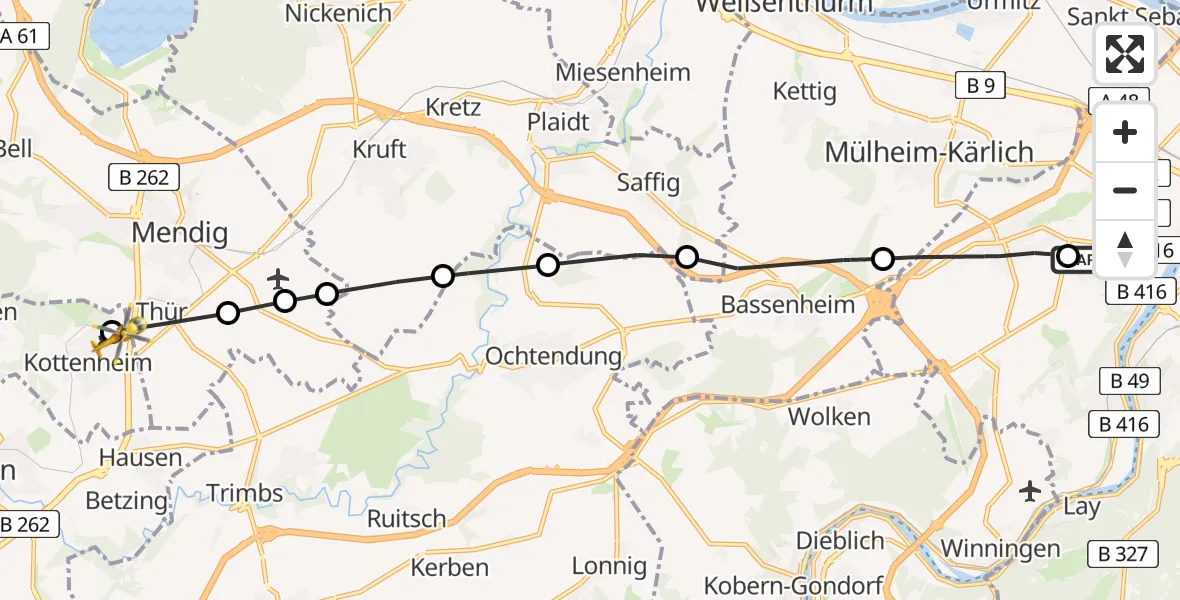 Flugroute Rettungshubschrauber Koblenz - Kottenheim, 26 Februar 2026, 15:50