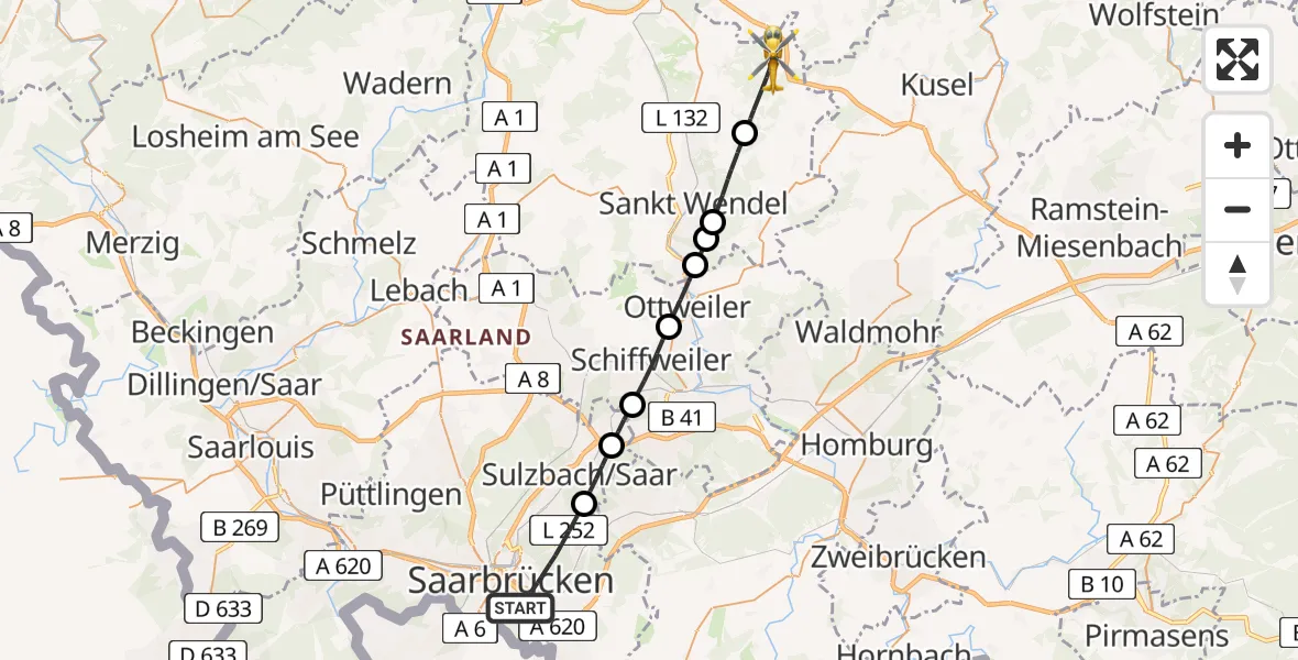 Flugroute Rettungshubschrauber Saarbrücken - Freisen, 26 Februar 2026, 15:51