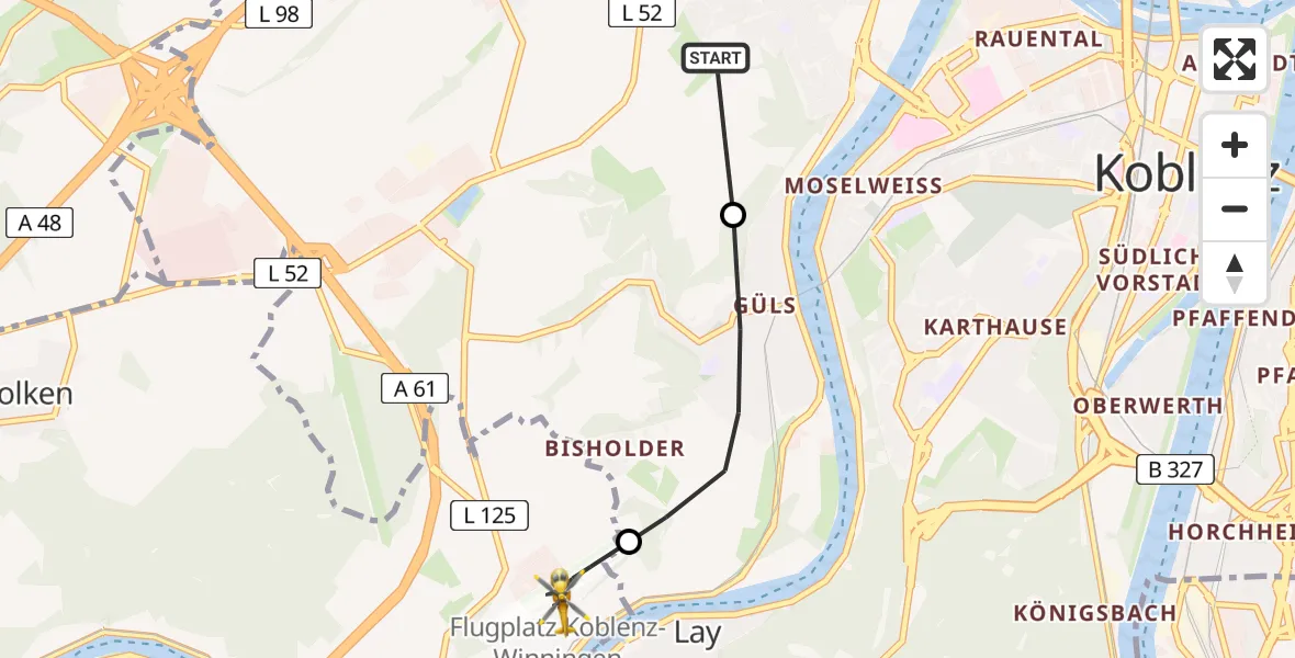 Flugroute Ambulanzhubschrauber Koblenz - Koblenz-Winningen Airfield, 26 Februar 2026, 15:54