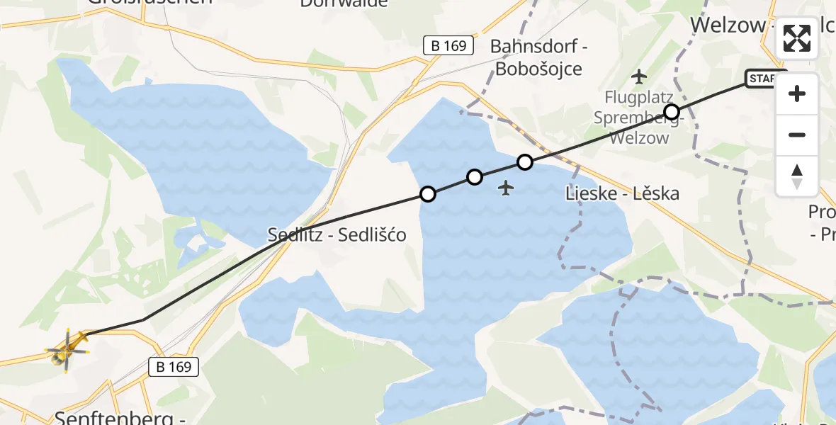 Flugroute Rettungshubschrauber Welzow - ADAC Air Rescue Station Senftenberg Heliport, 26 Februar 2026, 16:00