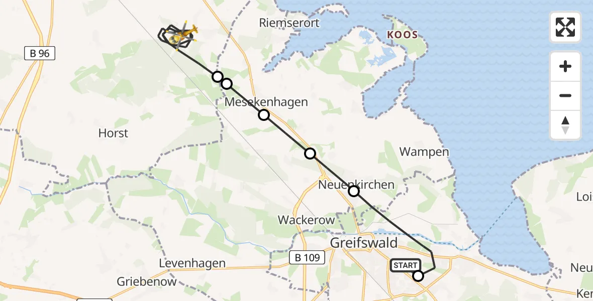 Flugroute Rettungshubschrauber Greifswald Hospital Heliport - Sundhagen, 26 Februar 2026, 16:00