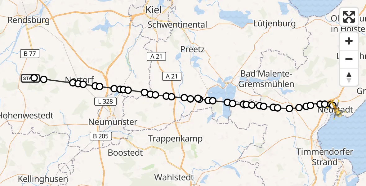 Routekaart van de vlucht: Rettungshubschrauber nach Neustadt in Holstein, Kreienredder