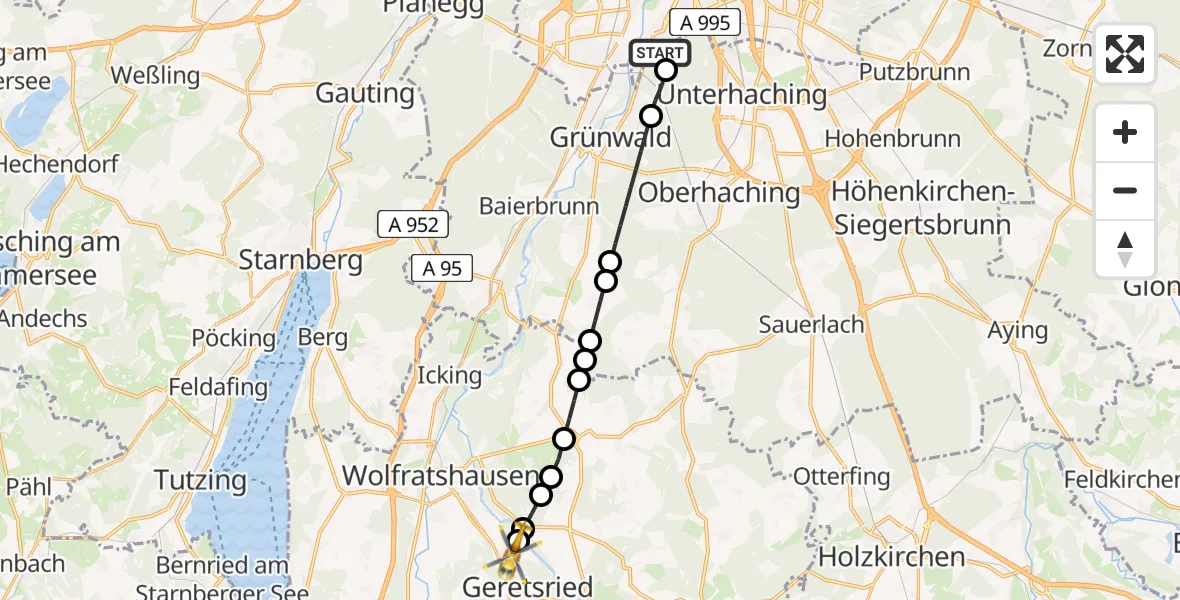 Flugroute Rettungshubschrauber ADAC Air Rescue Center Heliport (Christoph 1) - Geretsried, 26 Februar 2026, 16:09