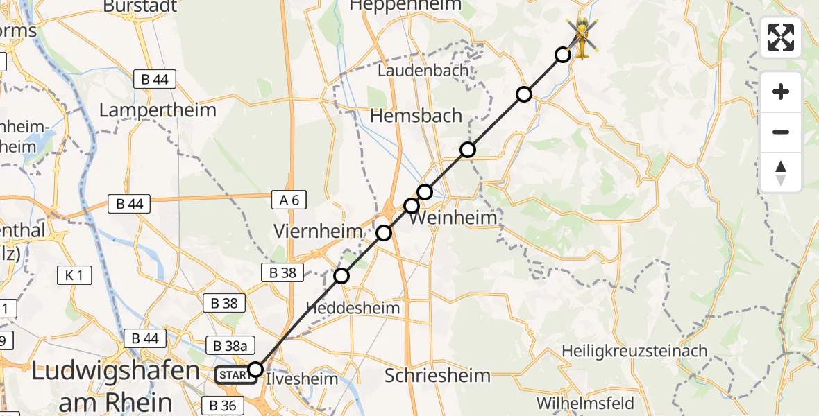 Flugroute Rettungshubschrauber Mannheim-City Airport - Rimbach, 26 Februar 2026, 16:13