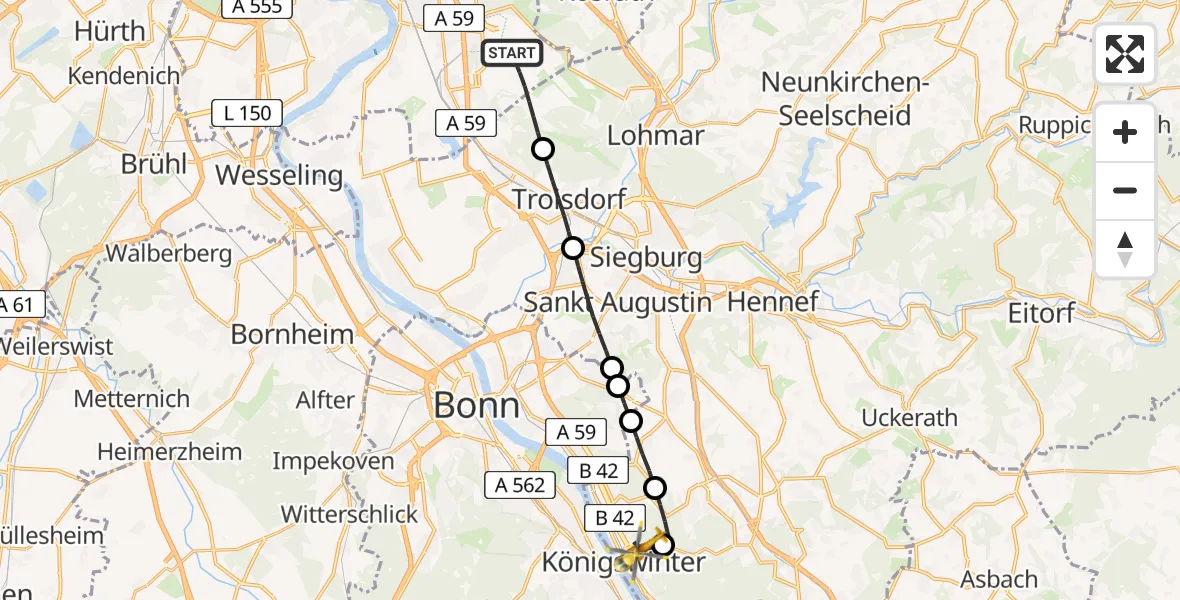 Flugroute Rettungshubschrauber Cologne Bonn Airport - Königswinter, 26 Februar 2026, 16:13