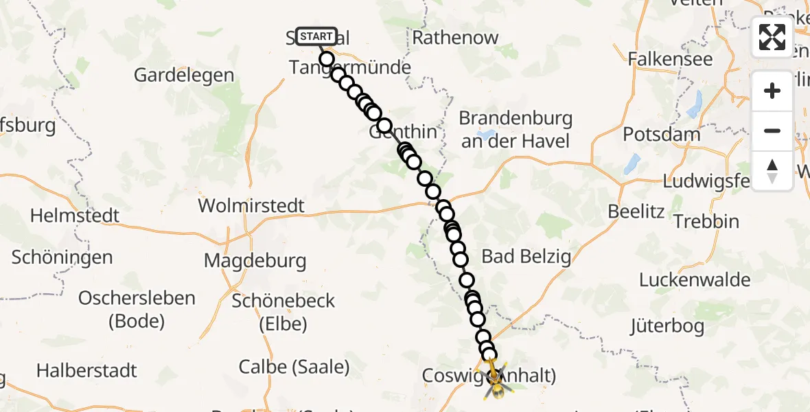 Flugroute Ambulanzhubschrauber Stendal - MediClin Heart Center Coswig Heliport, 26 Februar 2026, 16:20