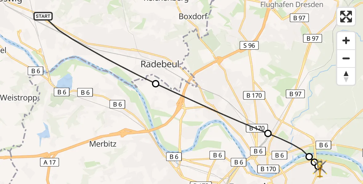 Flugroute Rettungshubschrauber Radebeul - Dresden University Hospital Heliport, 26 Februar 2026, 16:23