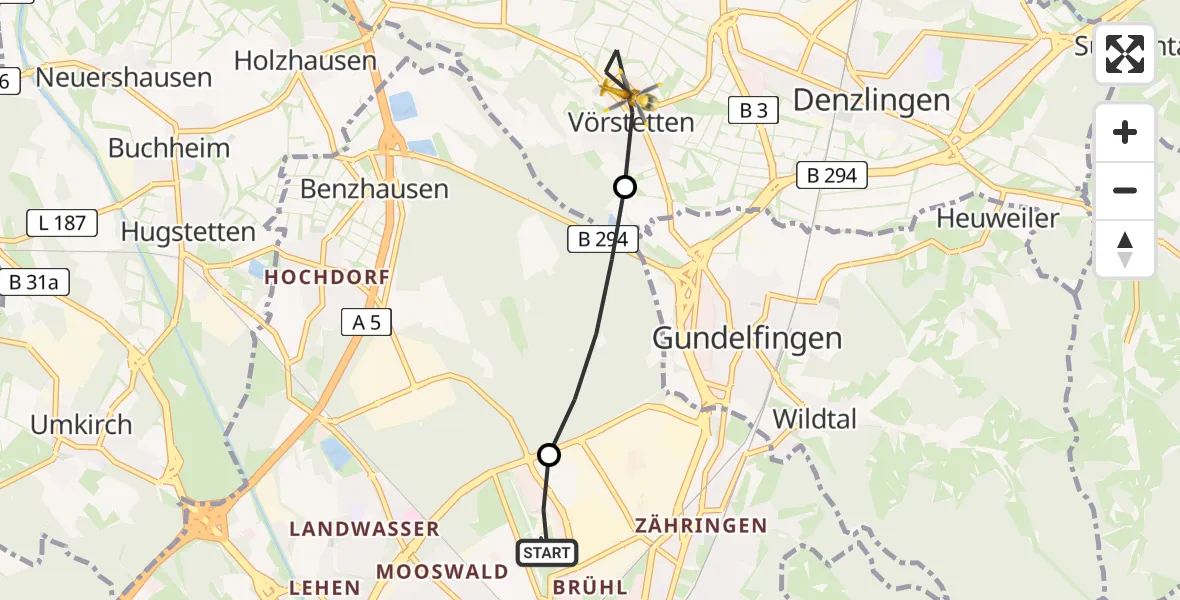 Flugroute Rettungshubschrauber Freiburg im Breisgau Airfield - Vörstetten, 26 Februar 2026, 16:24