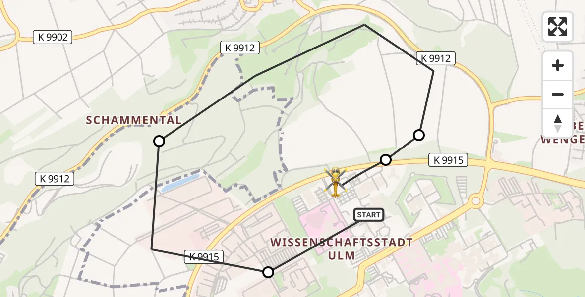 Flugroute Rettungshubschrauber Ulm Military Hospital Emergency Heliport - ADAC Air Rescue Station Ulm (Christoph 22), 26 Februar 2026, 16:28