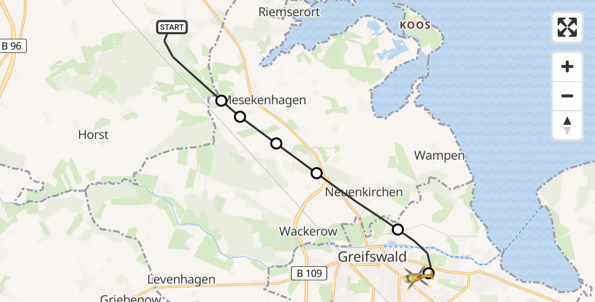 Routekaart van de vlucht: Rettungshubschrauber nach Greifswald Hospital Heliport