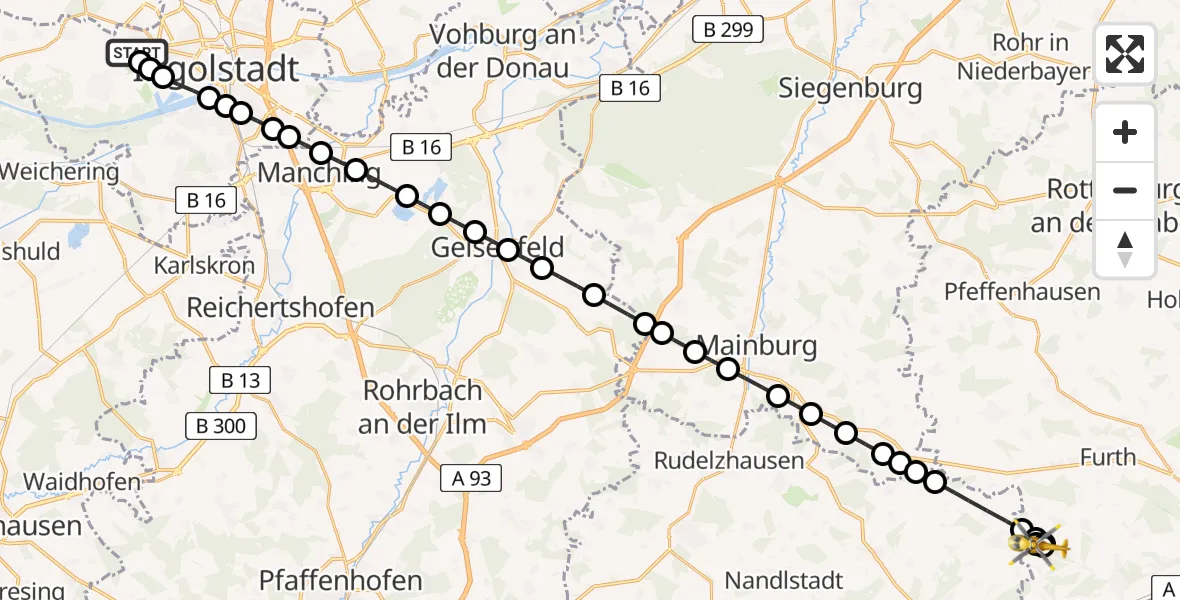 Flugroute Rettungshubschrauber Ingolstadt Hospital Heliport - Pörndorf, 26 Februar 2026, 16:37