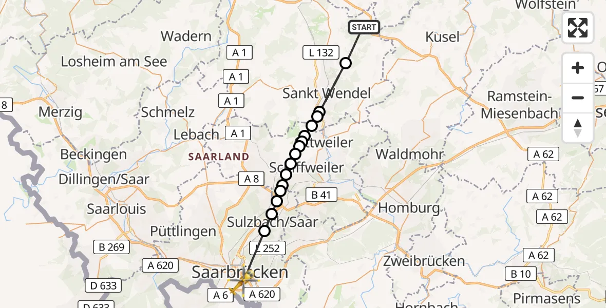 Flugroute Rettungshubschrauber Freisen - Saarbrücken, 26 Februar 2026, 16:37