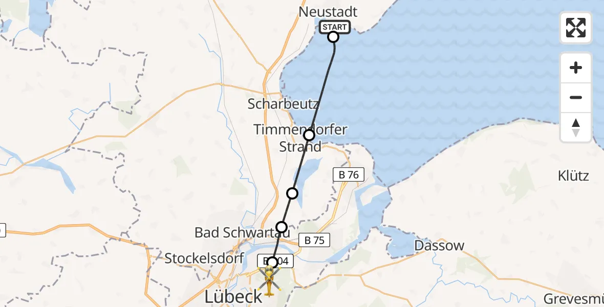 Flugroute Rettungshubschrauber Neustadt in Holstein - Sankt Gertrud, 26 Februar 2026, 16:39