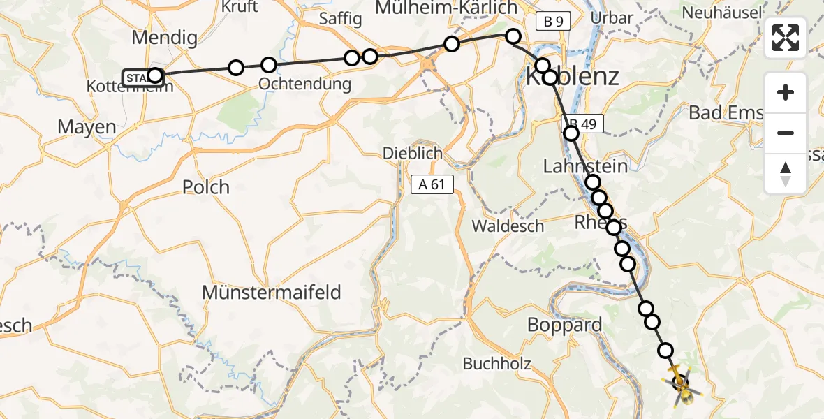 Flugroute Rettungshubschrauber Kottenheim - Prath, 26 Februar 2026, 16:40
