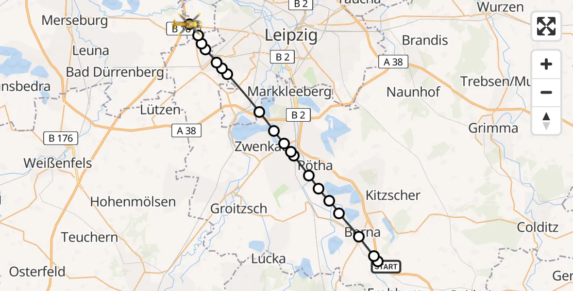 Routekaart van de vlucht: Rettungshubschrauber nach ADAC Air Rescue Station Leipzig/Schkeuditz-Dölzig Heliport (Christoph 61)