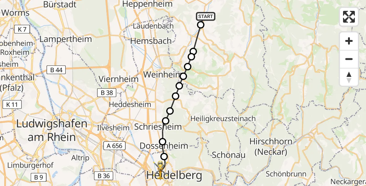 Flugroute Rettungshubschrauber Rimbach - Heidelberg, 26 Februar 2026, 16:47