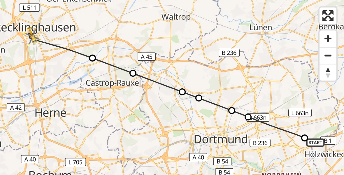 Flugroute Ambulanzhubschrauber Dortmund Airport - Recklinghausen, 26 Februar 2026, 16:49