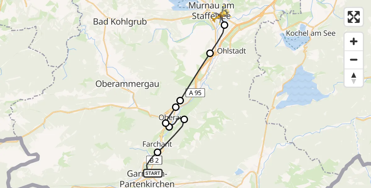 Flugroute Rettungshubschrauber Garmisch-Partenkirchen - Murnau Accident Hospital Heliport, 26 Februar 2026, 16:52