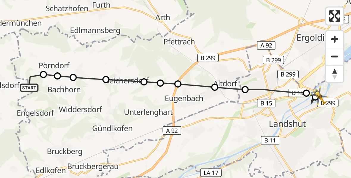 Routekaart van de vlucht: Rettungshubschrauber nach Landshut, Masurenweg