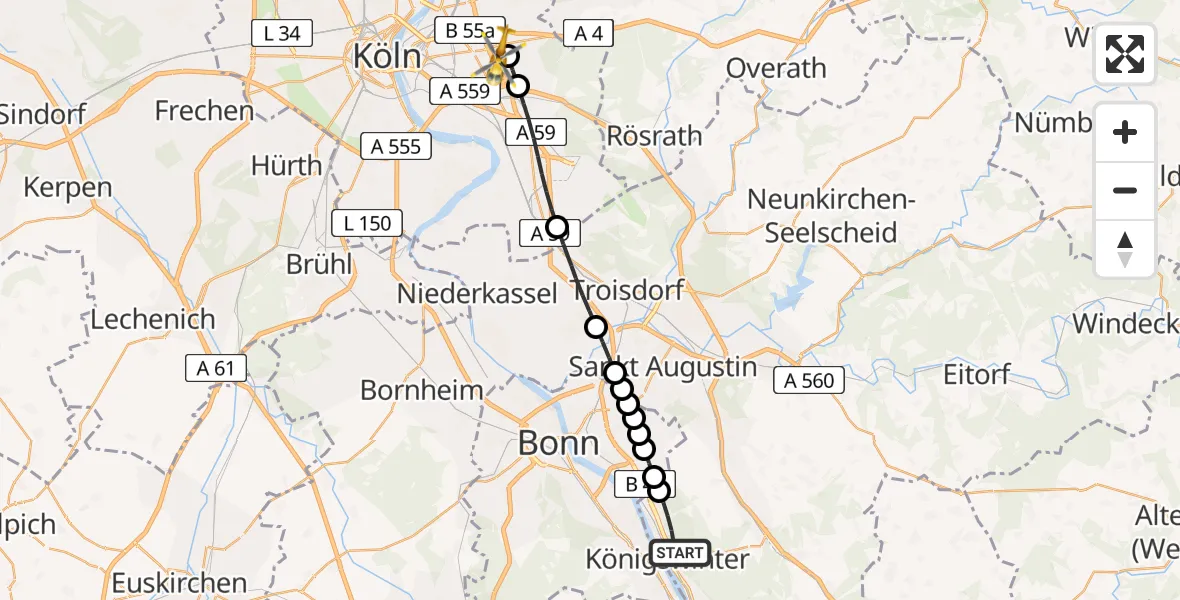 Flugroute Rettungshubschrauber Königswinter - Merheim Hospital Heliport, 26 Februar 2026, 17:03