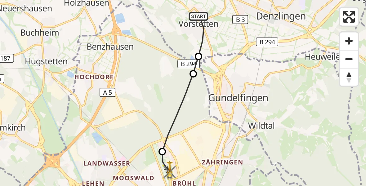 Routekaart van de vlucht: Rettungshubschrauber nach Freiburg im Breisgau Airfield