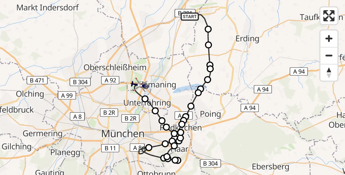 Flugroute Polizeihubschrauber Munich Airport - Schwabing-Freimann, 26 Februar 2026, 17:11