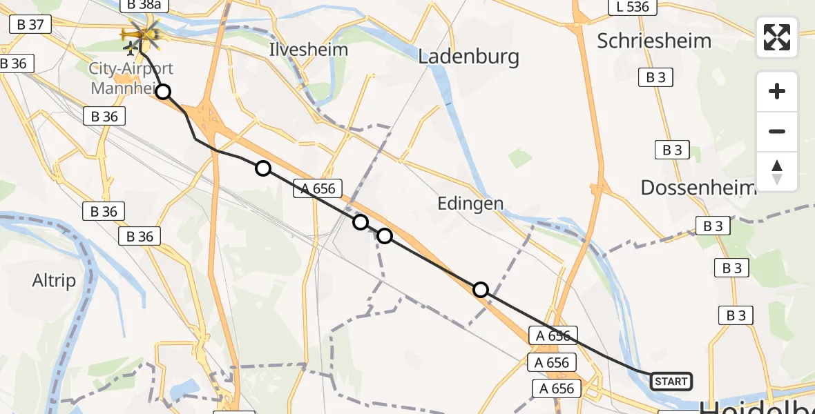 Flugroute Rettungshubschrauber Heidelberg - Mannheim-City Airport, 26 Februar 2026, 17:23