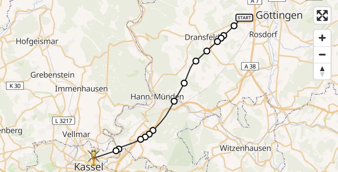 Flugroute Rettungshubschrauber Göttingen - Kassel, 26 Februar 2026, 17:24