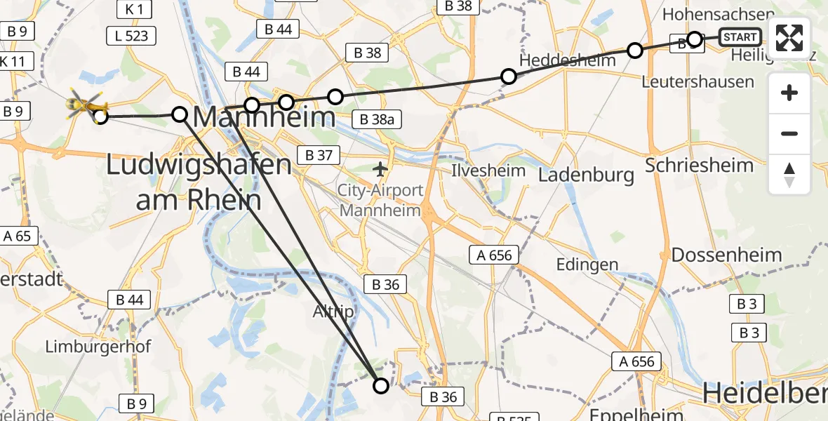 Flugroute Rettungshubschrauber Hirschberg an der Bergstraße - Ludwigshafen am Rhein, 26 Februar 2026, 17:41