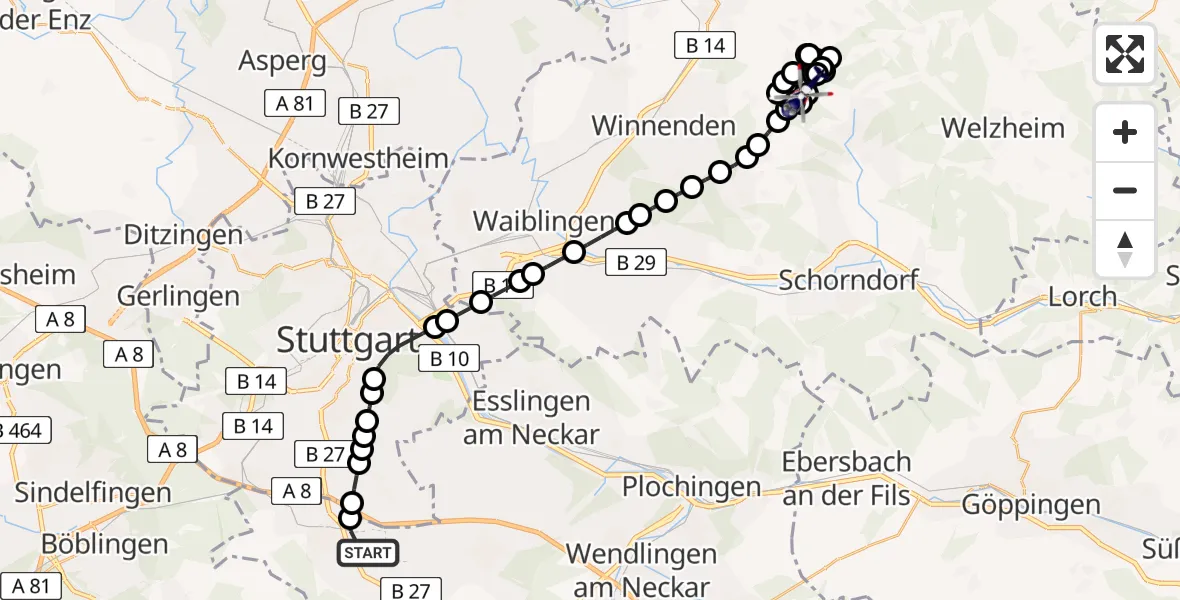 Flugroute Polizeihubschrauber Stuttgart Airport - Rudersberg, 26 Februar 2026, 17:46