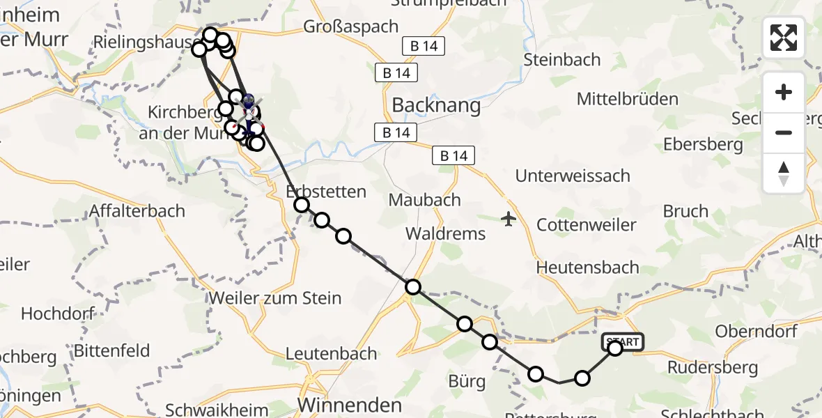 Routekaart van de vlucht: Polizeihubschrauber nach Kirchberg an der Murr, Backnanger Weg